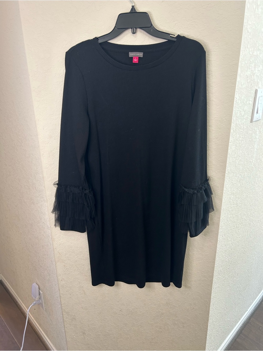 Vince Camuto Black Long Sleeve Dress with Tiered Tulle Sleeves